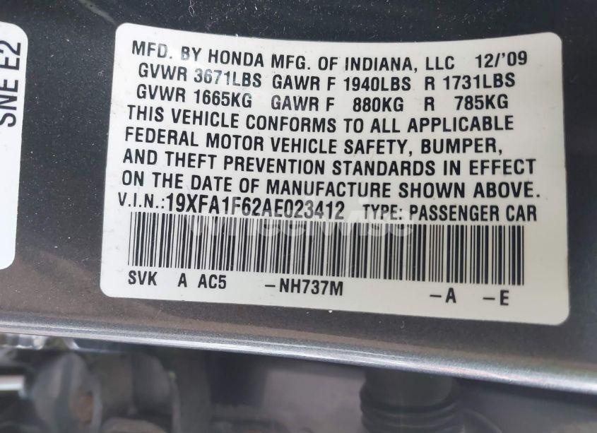 Photo 9 of 2010 Honda Civic LX-S (VIN 19XFA1F62AE023412)