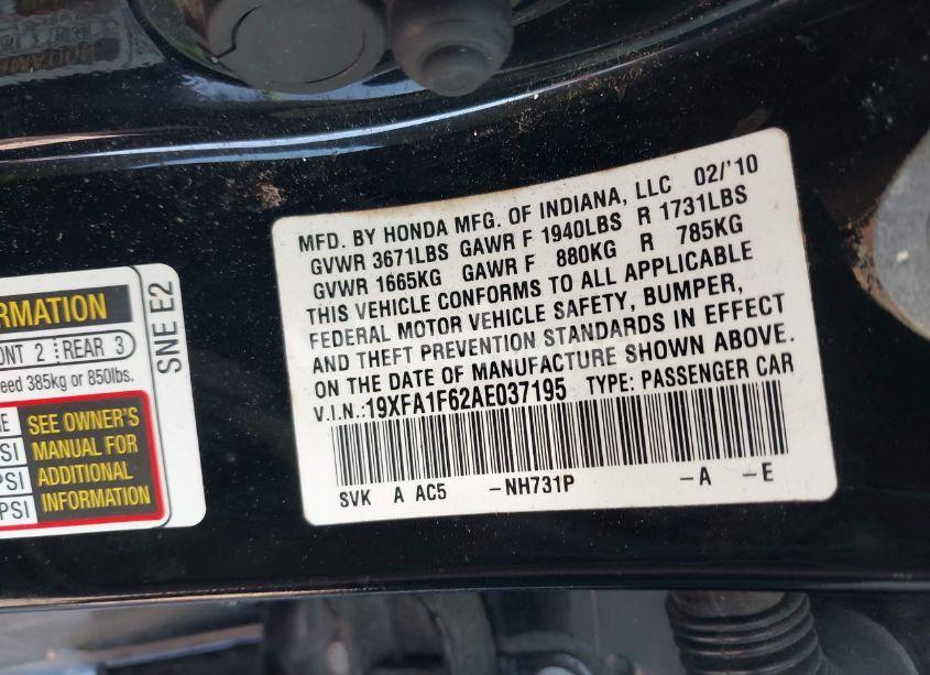 Photo 9 of 2010 Honda Civic LX-S (VIN 19XFA1F62AE037195)