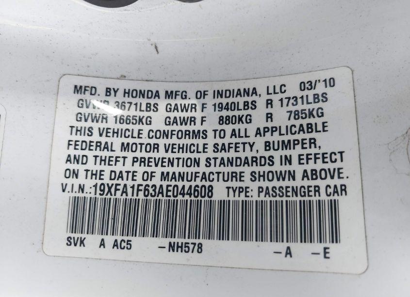 Photo 9 of 2010 Honda Civic LX-S (VIN 19XFA1F63AE044608)