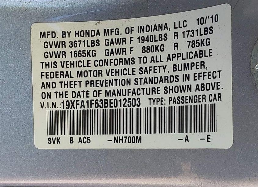 Photo 9 of 2011 Honda Civic LX-S (VIN 19XFA1F63BE012503)
