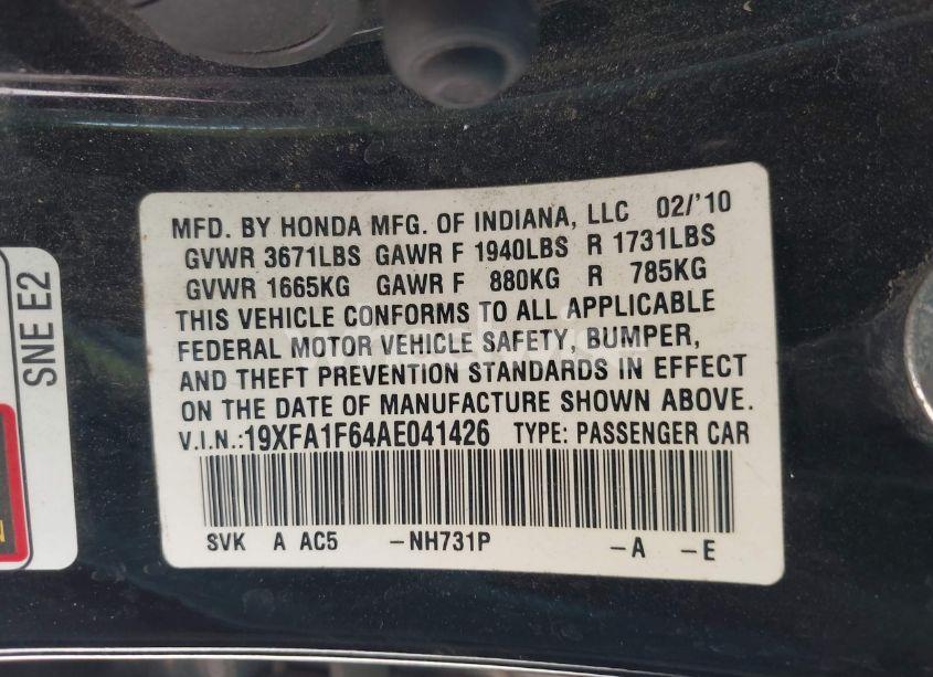 Photo 9 of 2010 Honda Civic LX-S (VIN 19XFA1F64AE041426)