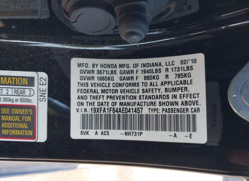 Photo 9 of 2010 Honda Civic LX-S (VIN 19XFA1F64AE041457)