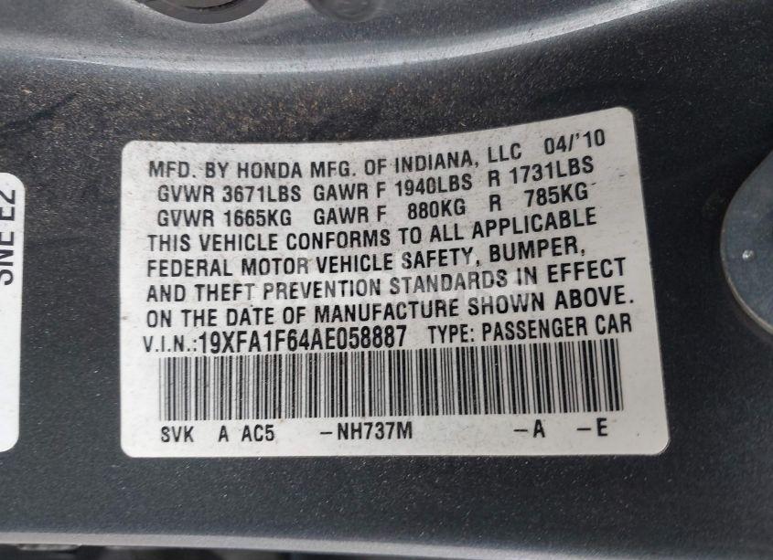 Photo 9 of 2010 Honda Civic LX-S (VIN 19XFA1F64AE058887)