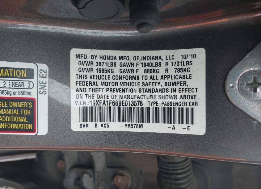 Photo 9 of 2011 Honda Civic LX-S (VIN 19XFA1F66BE013578)