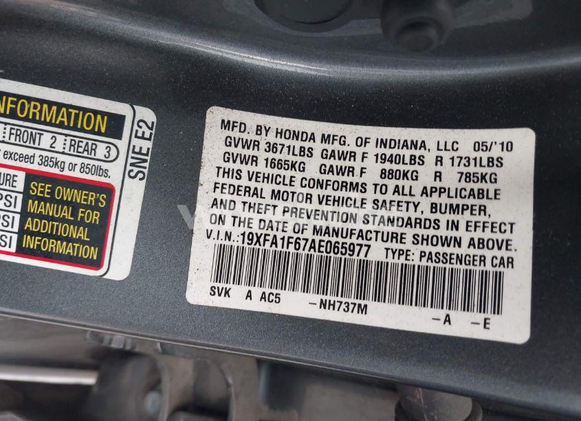 Photo 9 of 2010 Honda Civic LX-S (VIN 19XFA1F67AE065977)