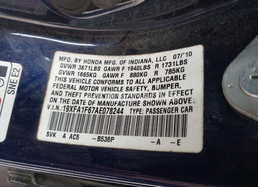 Photo 9 of 2010 Honda Civic LX-S (VIN 19XFA1F67AE078244)