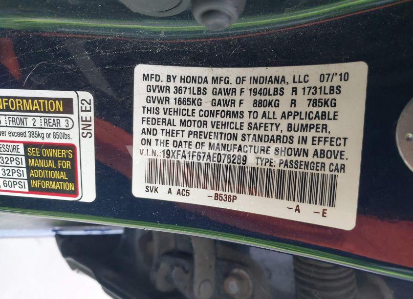 Photo 9 of 2010 Honda Civic LX-S (VIN 19XFA1F67AE078289)