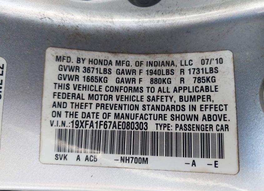 Photo 9 of 2010 Honda Civic LX-S (VIN 19XFA1F67AE080303)