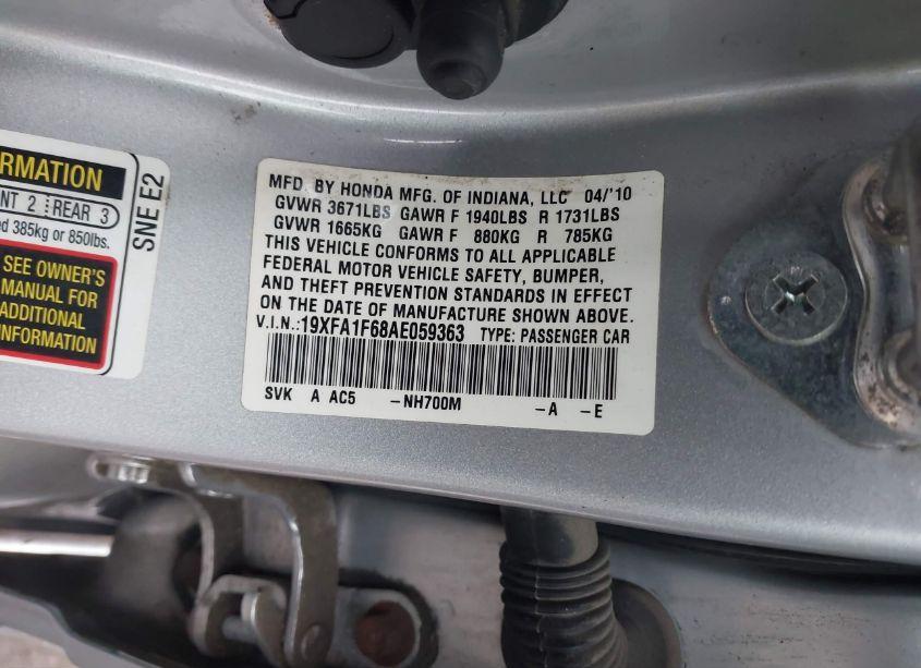 Photo 9 of 2010 Honda Civic SDN LX-S (VIN 19XFA1F68AE059363)