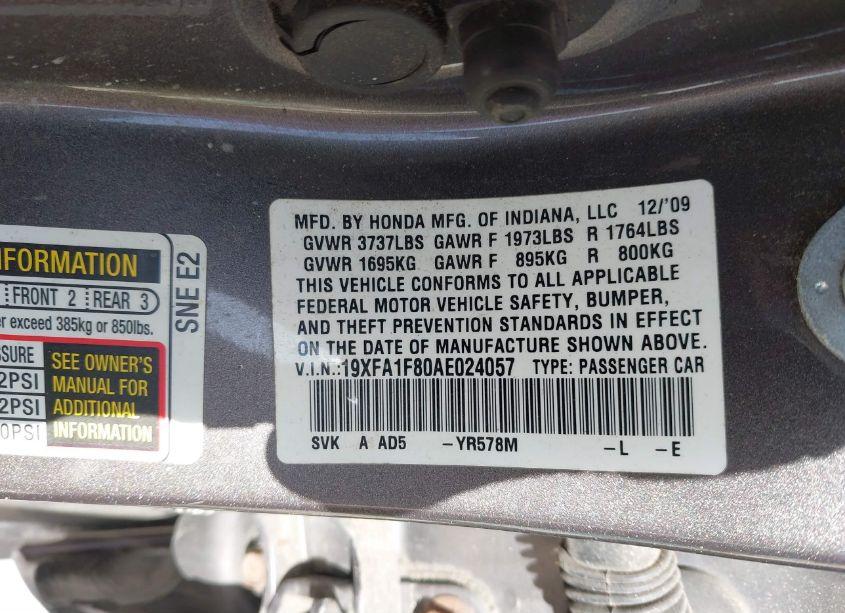 Photo 9 of 2010 Honda Civic EX (VIN 19XFA1F80AE024057)