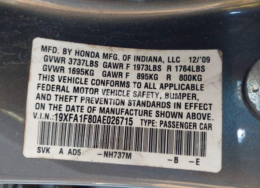 Photo 9 of 2010 Honda Civic EX (VIN 19XFA1F80AE026715)