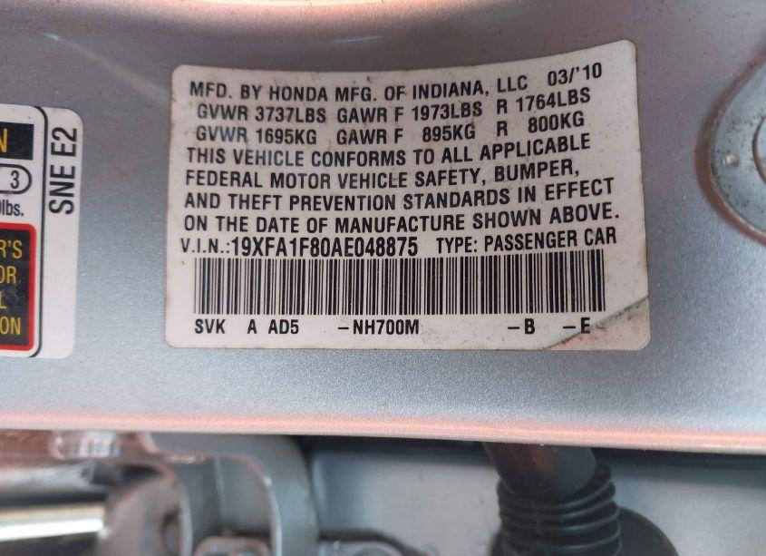Photo 9 of 2010 Honda Civic EX (VIN 19XFA1F80AE048875)