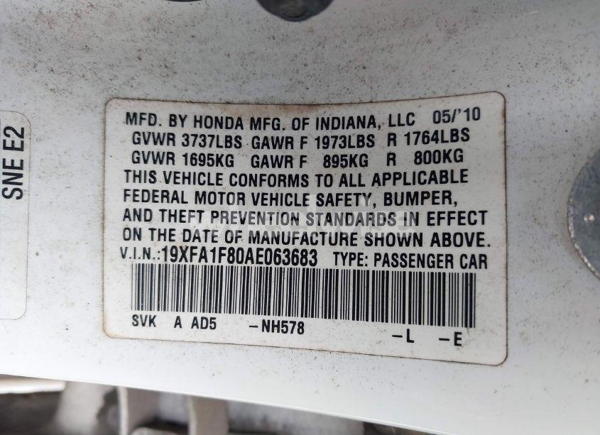 Photo 9 of 2010 Honda Civic EX (VIN 19XFA1F80AE063683)