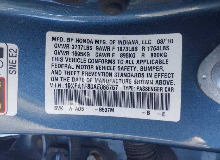 Photo 9 of 2010 Honda Civic EX (VIN 19XFA1F80AE086767)