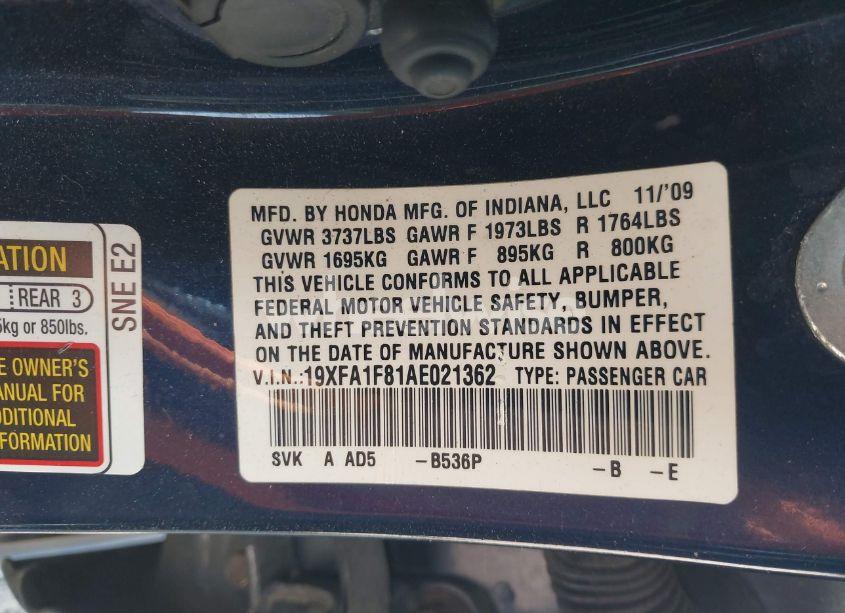 Photo 9 of 2010 Honda Civic EX (VIN 19XFA1F81AE021362)