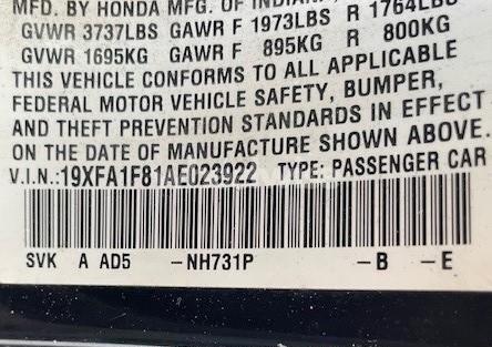 Photo 9 of 2010 Honda Civic EX (VIN 19XFA1F81AE023922)