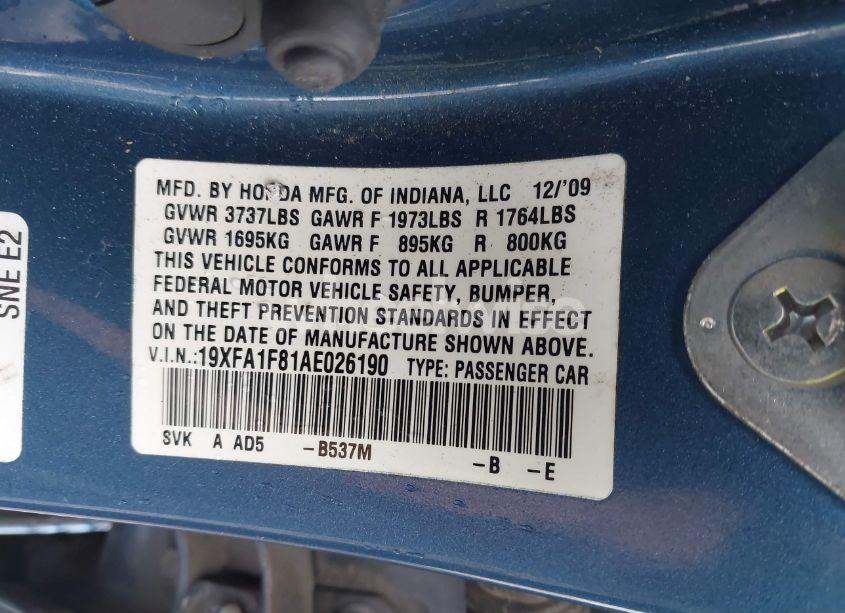 Photo 9 of 2010 Honda Civic EX (VIN 19XFA1F81AE026190)