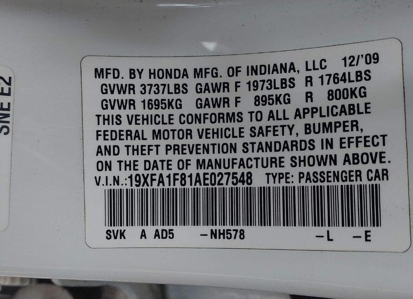Photo 9 of 2010 Honda Civic EX (VIN 19XFA1F81AE027548)