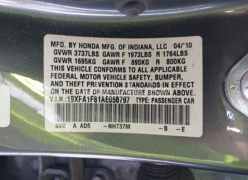 Photo 9 of 2010 Honda Civic EX (VIN 19XFA1F81AE058797)