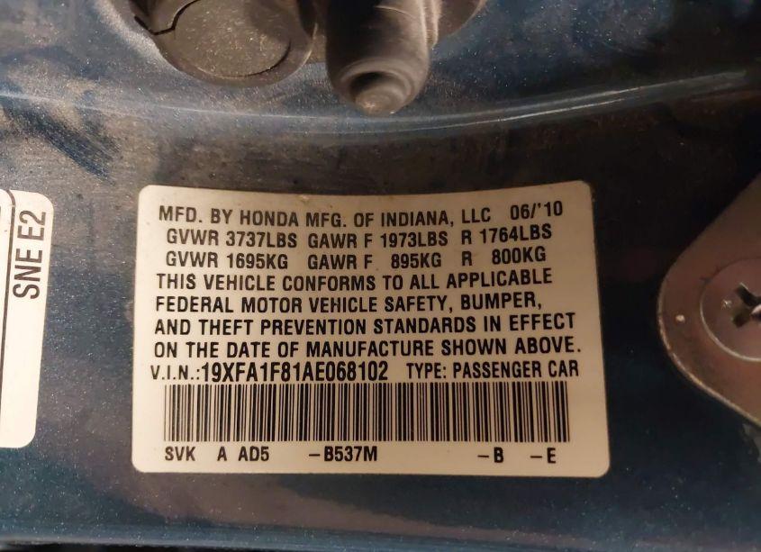 Photo 9 of 2010 Honda Civic EX (VIN 19XFA1F81AE068102)