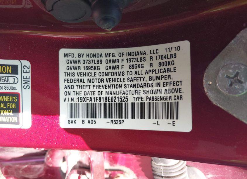 Photo 9 of 2011 Honda Civic EX (VIN 19XFA1F81BE021525)