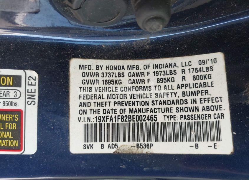 Photo 9 of 2011 Honda Civic EX (VIN 19XFA1F82BE002465)