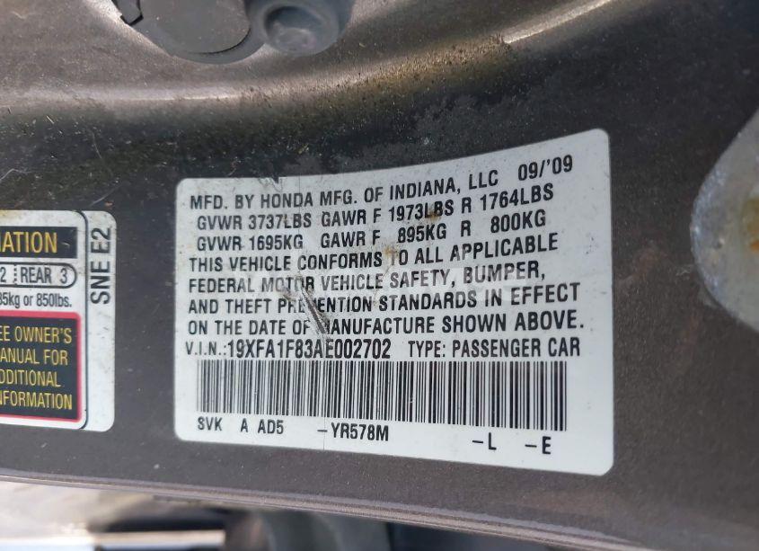 Photo 9 of 2010 Honda Civic EX (VIN 19XFA1F83AE002702)