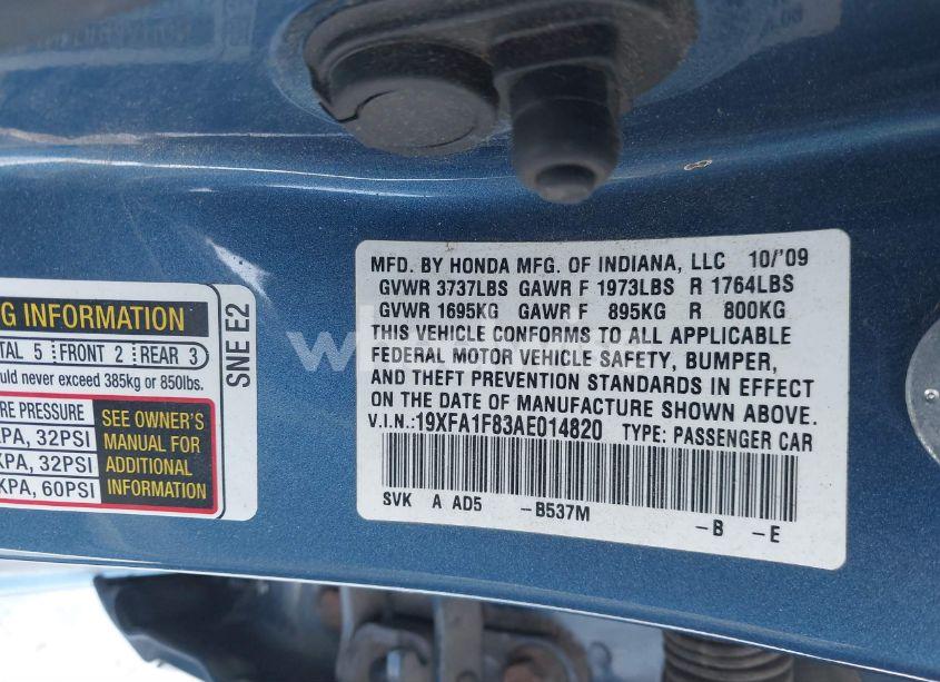 Photo 9 of 2010 Honda Civic EX (VIN 19XFA1F83AE014820)