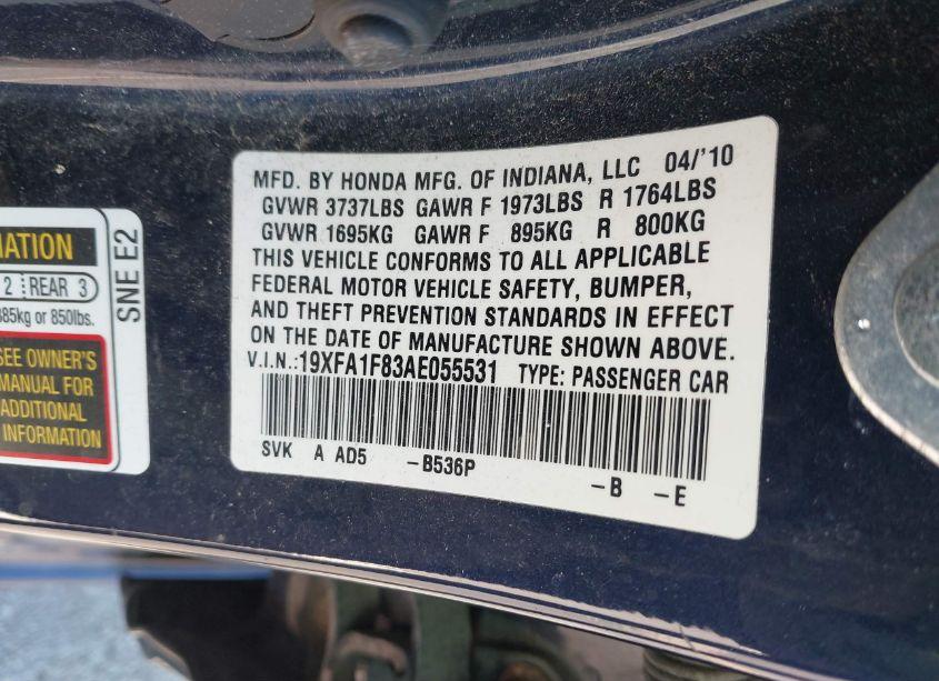 Photo 9 of 2010 Honda Civic EX (VIN 19XFA1F83AE055531)