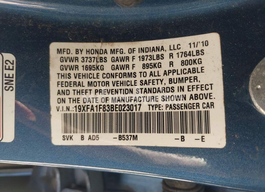 Photo 9 of 2011 Honda Civic EX (VIN 19XFA1F83BE023017)