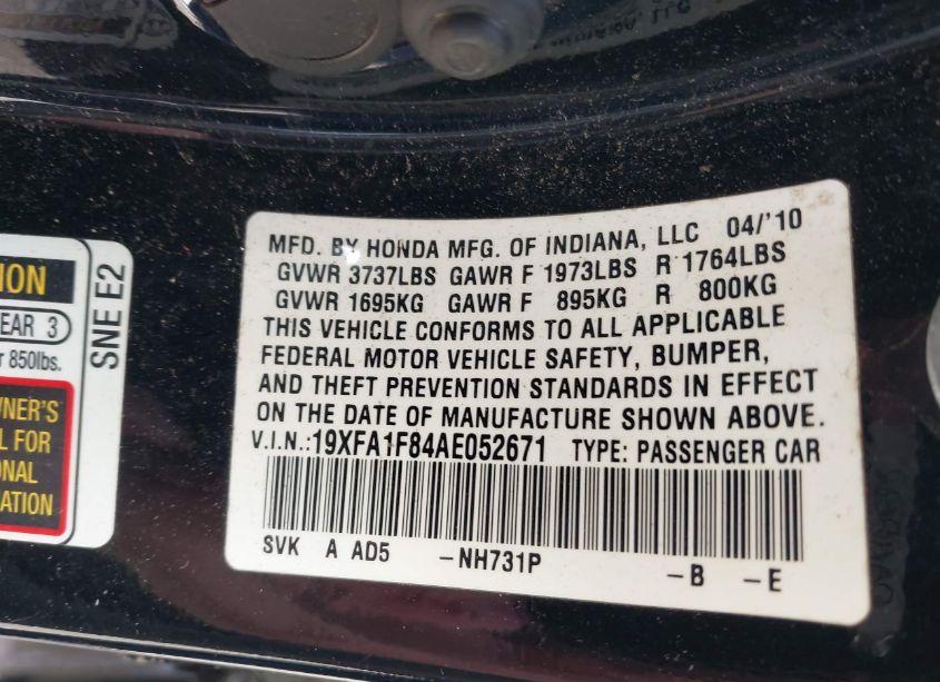 Photo 9 of 2010 Honda Civic EX (VIN 19XFA1F84AE052671)