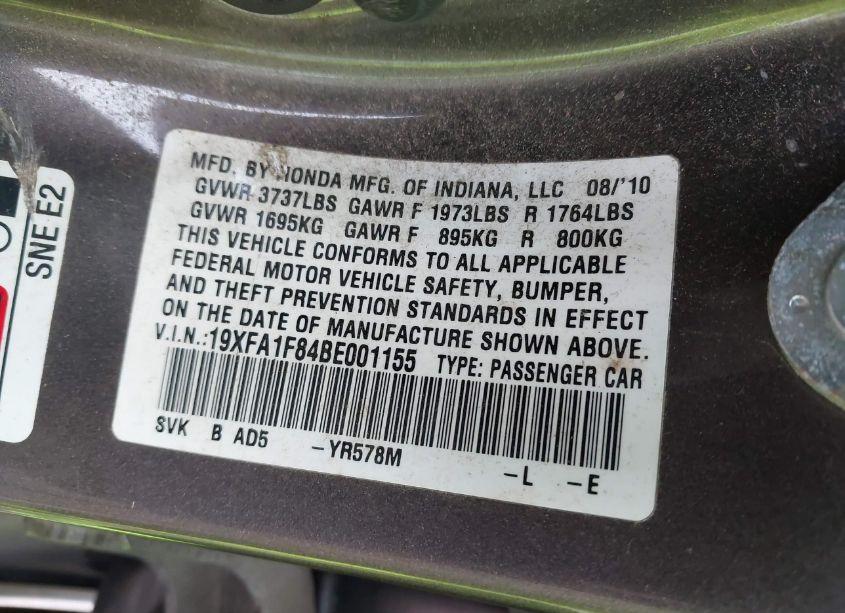 Photo 9 of 2011 Honda Civic EX (VIN 19XFA1F84BE001155)