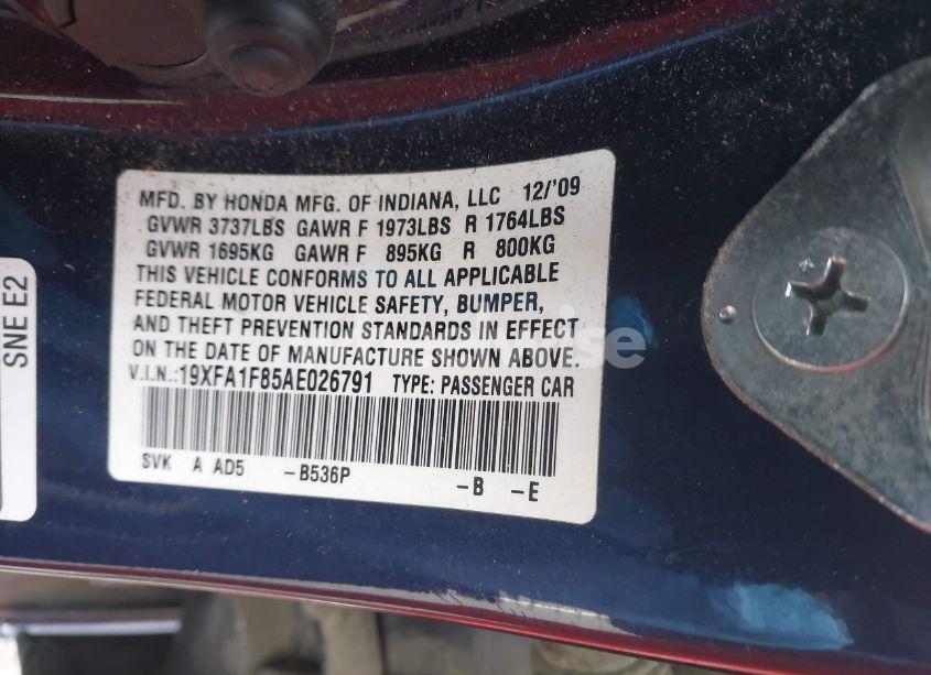 Photo 9 of 2010 Honda Civic EX (VIN 19XFA1F85AE026791)