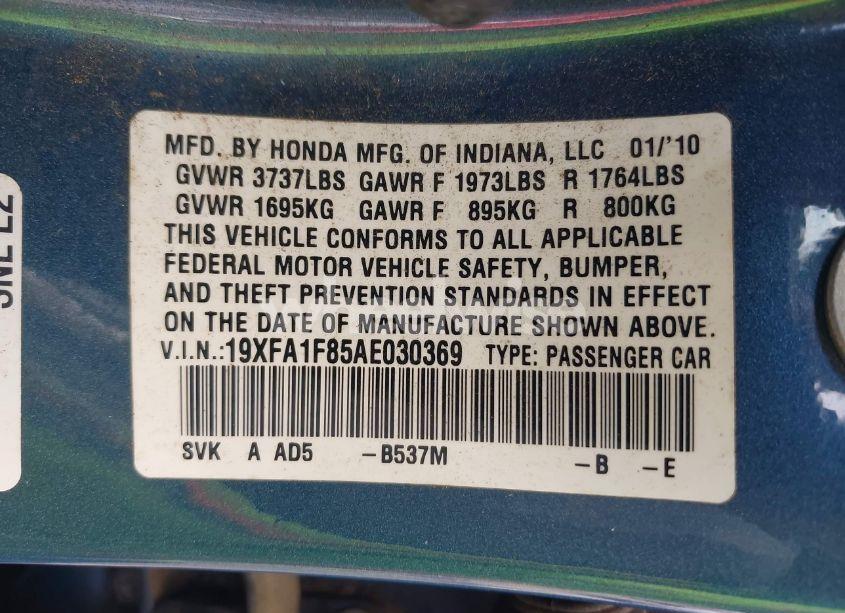 Photo 9 of 2010 Honda Civic EX (VIN 19XFA1F85AE030369)