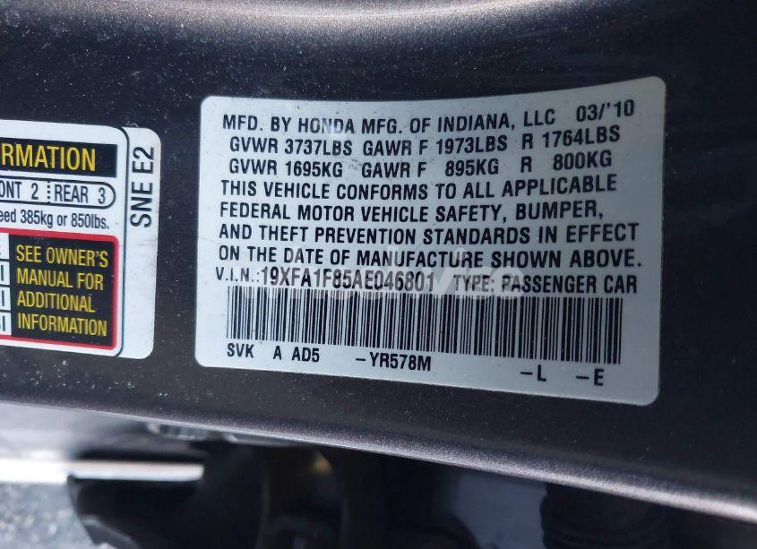 Photo 9 of 2010 Honda Civic EX (VIN 19XFA1F85AE046801)