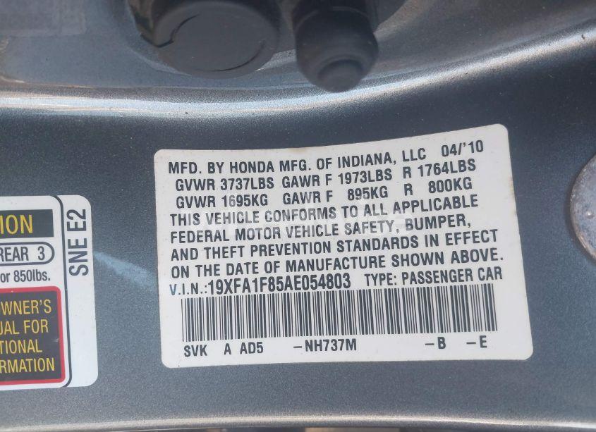 Photo 9 of 2010 Honda Civic EX (VIN 19XFA1F85AE054803)