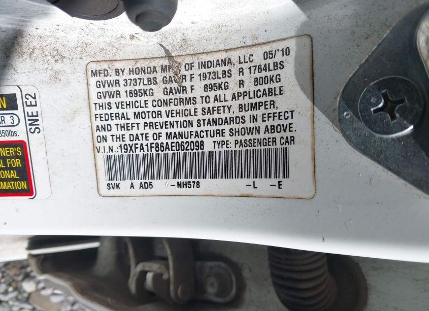 Photo 9 of 2010 Honda Civic EX (VIN 19XFA1F86AE062098)