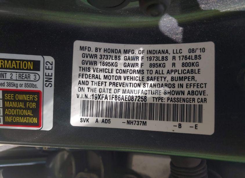 Photo 9 of 2010 Honda Civic EX (VIN 19XFA1F86AE087258)