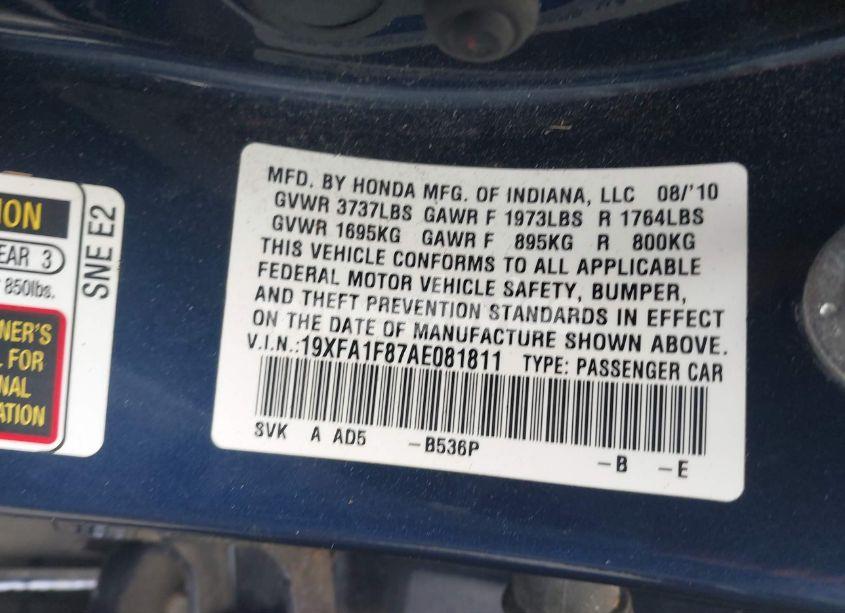 Photo 9 of 2010 Honda Civic EX (VIN 19XFA1F87AE081811)