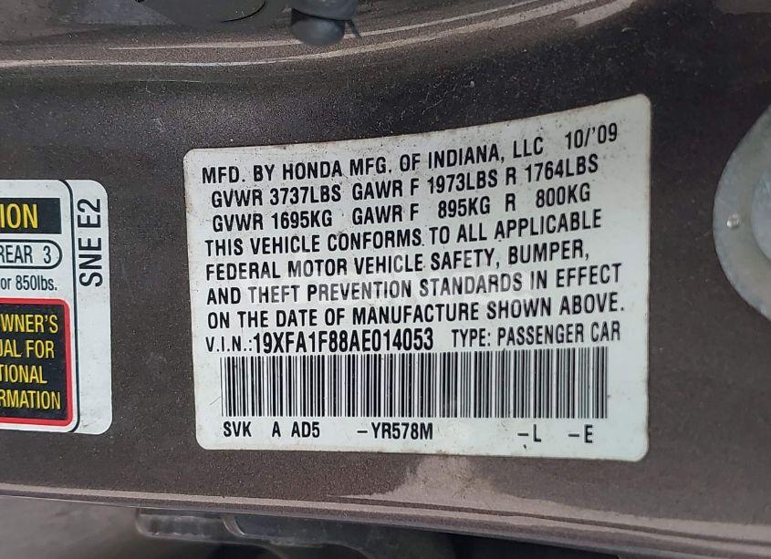 Photo 9 of 2010 Honda Civic EX (VIN 19XFA1F88AE014053)