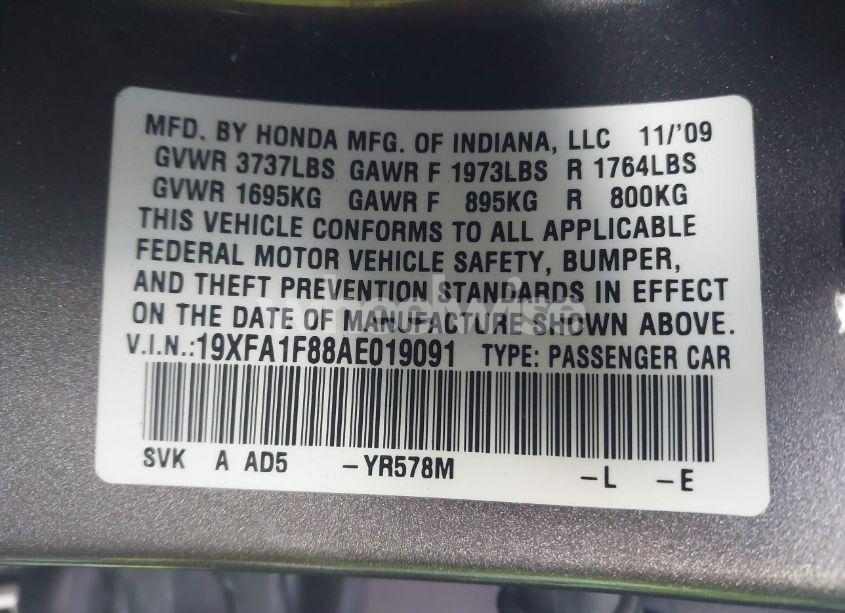 Photo 9 of 2010 Honda Civic EX (VIN 19XFA1F88AE019091)