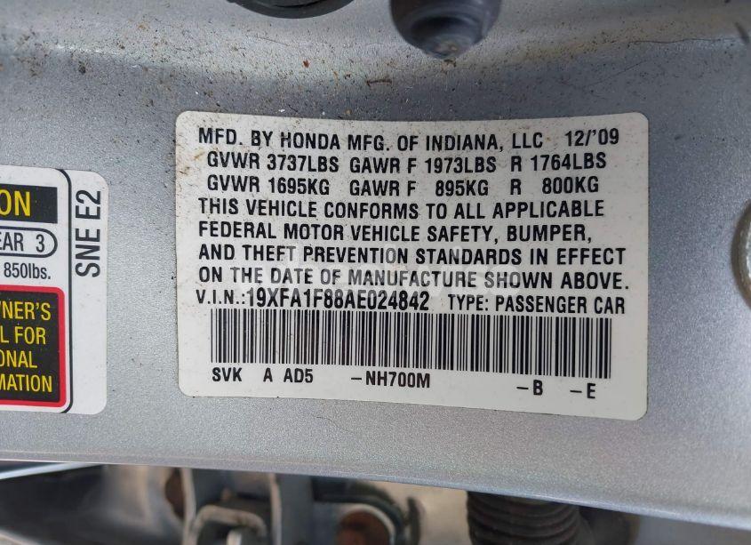 Photo 9 of 2010 Honda Civic EX (VIN 19XFA1F88AE024842)