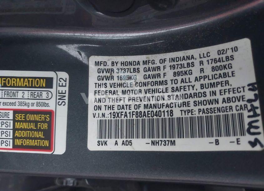 Photo 9 of 2010 Honda Civic EX (VIN 19XFA1F88AE040118)