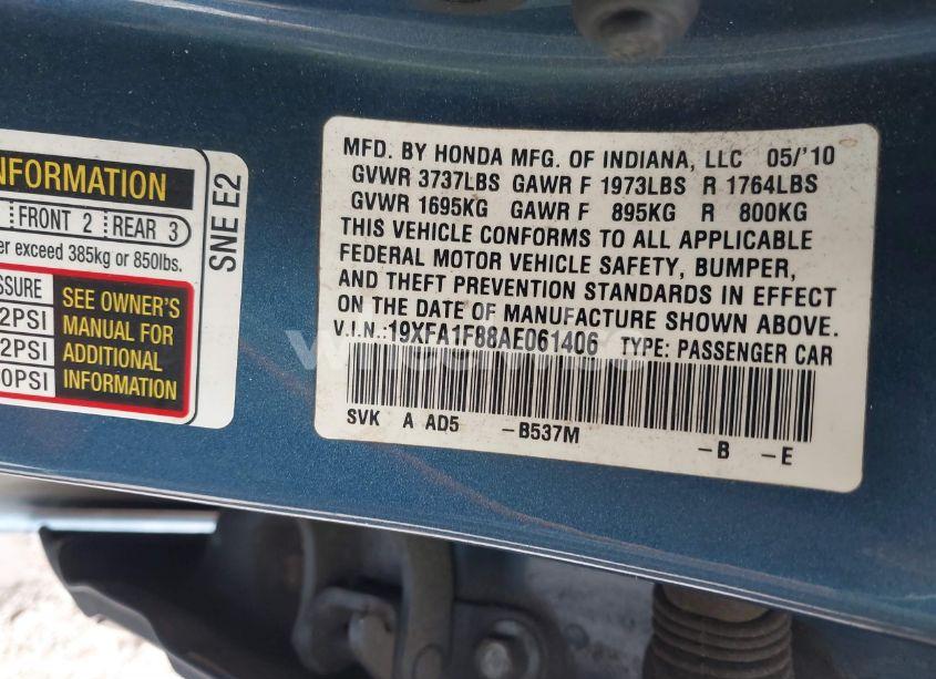 Photo 9 of 2010 Honda Civic EX (VIN 19XFA1F88AE061406)