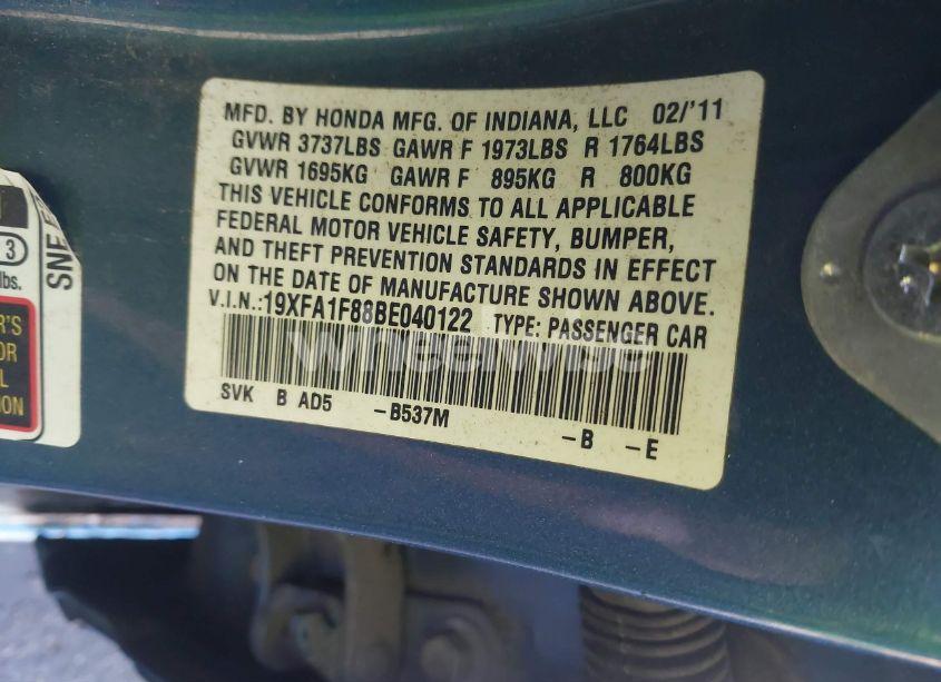 Photo 9 of 2011 Honda Civic EX (VIN 19XFA1F88BE040122)