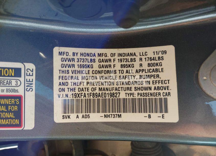 Photo 9 of 2010 Honda Civic SDN EX (VIN 19XFA1F89AE019827)