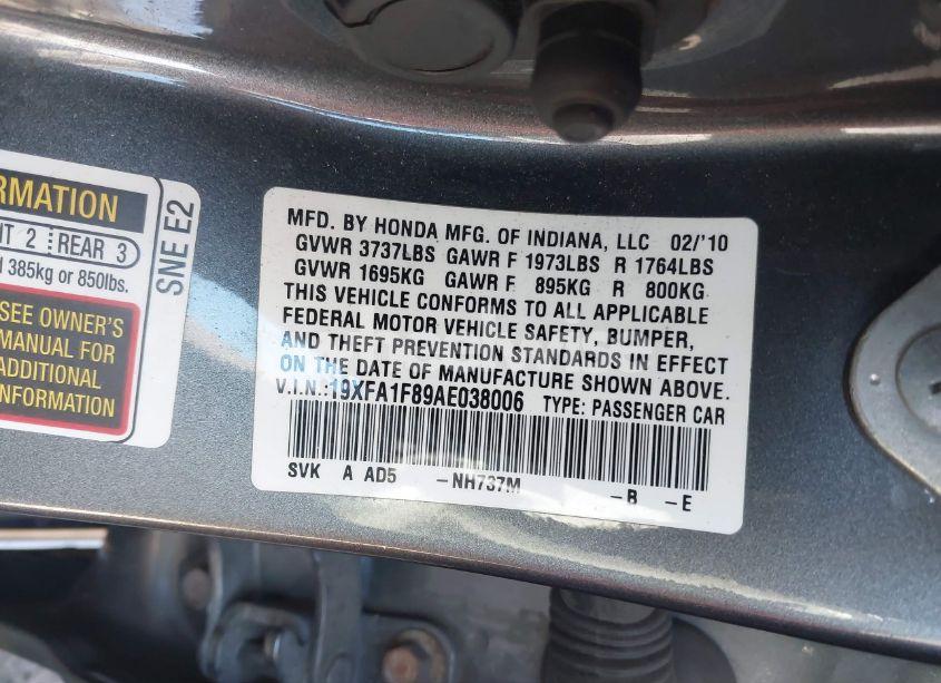 Photo 9 of 2010 Honda Civic EX (VIN 19XFA1F89AE038006)