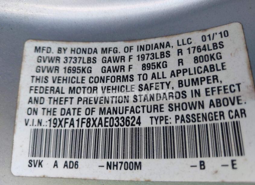 Photo 9 of 2010 Honda Civic EX (VIN 19XFA1F8XAE033624)