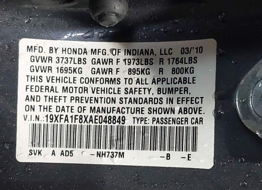 Photo 9 of 2010 Honda Civic EX (VIN 19XFA1F8XAE048849)