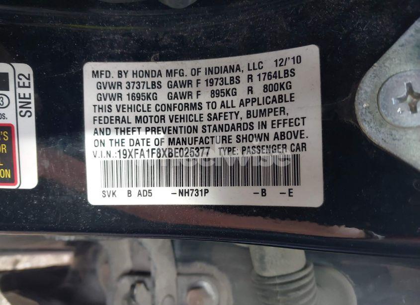 Photo 9 of 2011 Honda Civic EX (VIN 19XFA1F8XBE025377)